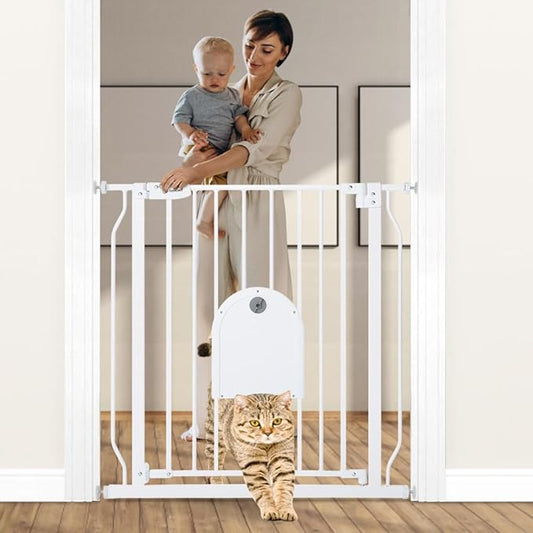 COMOMY 29.5-33.4" Baby Gate with Adjustable Cat Door,Extra Wide Metal Cat Gate for Stairs Doorways, Auto Close Dog Gate with Pet Door for House, Pressure Mounted Easy Walk Through (30" Tall, White)