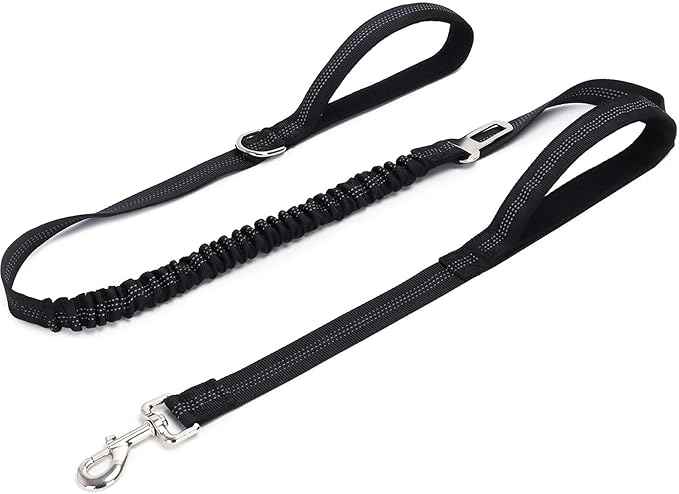 5FT Double Handle Tactical Dog Leash with Shock Absorption, Reflective Heavy Duty Bungee Dog Leash for Medium Large Dogs that Pull, Daily Walking Training, Black