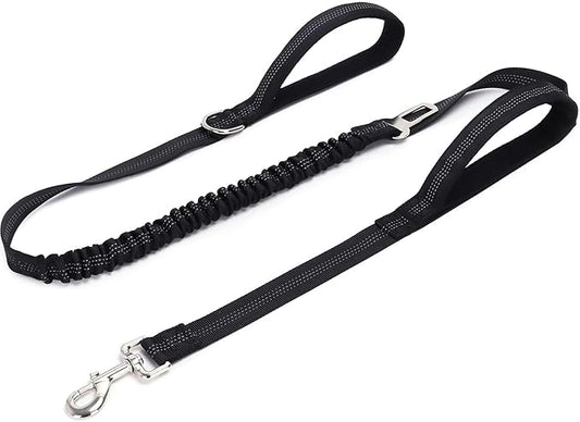 5FT Double Handle Tactical Dog Leash with Shock Absorption, Reflective Heavy Duty Bungee Dog Leash for Medium Large Dogs that Pull, Daily Walking Training, Black