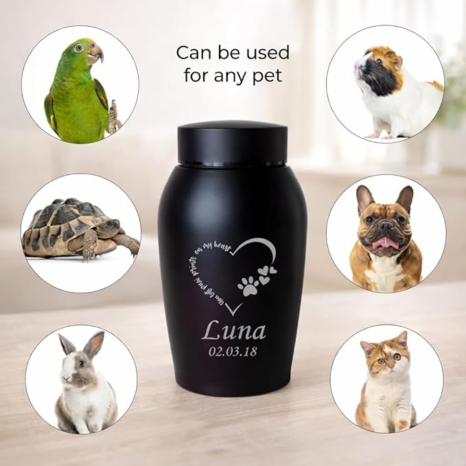 Personalized Cremation Keepsake Pet Ashes Urn Waterproof with Airtight Closure Customized Text Engraving Vase Container Memorial Dog Cat Funeral Decorative (You Left paw Prints on My Heart)