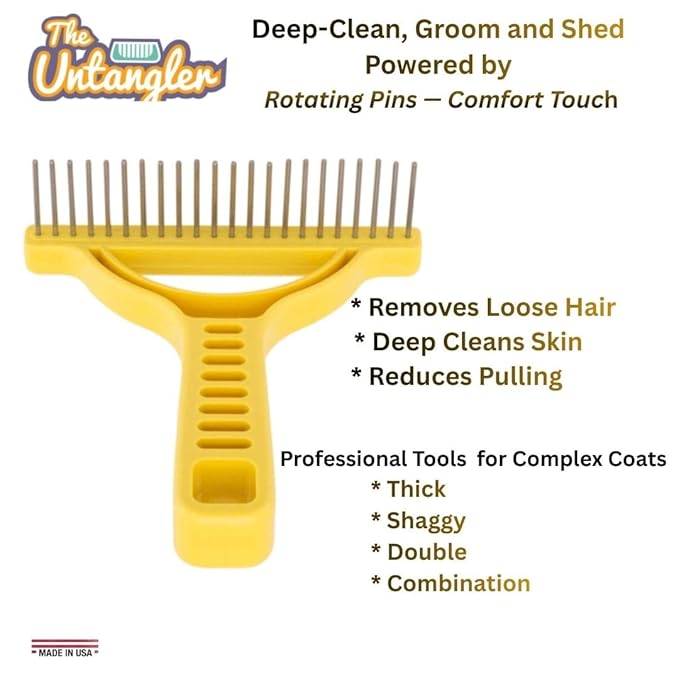 The Untangler Rakes for Grooming and Shedding -silky smooth rotating teeth to easily collect loose hair (Yellow, Extra-Long)