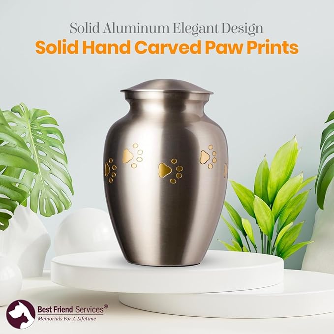 Ottillie Paws Legacy Series Pet Urn for Dogs, Handmade Brass Memorial Cremation Urn (X-Large - Pets up to 170 lbs, Pewter, Horizontal Brass Paws)