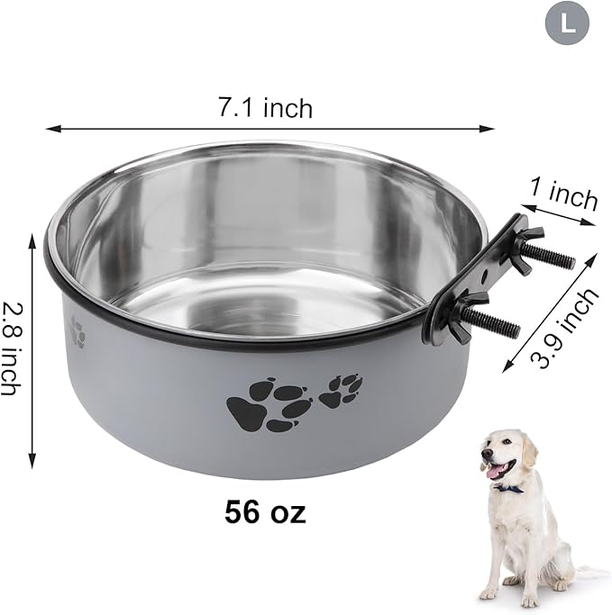 Dog Bowl Kennel Water Bowl Hanging Stainless Steel Pet Food Water Bowl Cage Feeding Cup Feeder for Medium and Small Dogs Cats (Gray, Large 7.1")