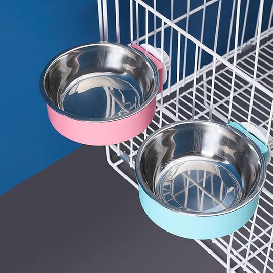 Crate Dog Bowl,Removable Stainless Steel Water Food Feeder Bowls Crate Coop Cup,Pet Cage Bowls with Bolt Holder for Cat, Puppy, Birds, Rats, Rabbits Small Animals ((Blue+Pink) Round, Large)