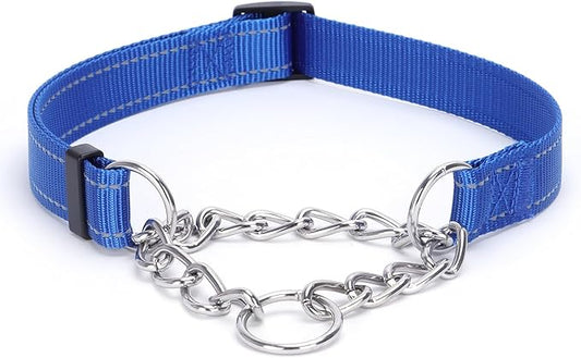 Martingale Dog Collar with Stainless Steel Chain and Leash Set, Martingale Collar with Reflective, 5FT Double Handle Dog Leash Padded, Adjustable for Medium Large Dogs (Dark Blue Collar, L)