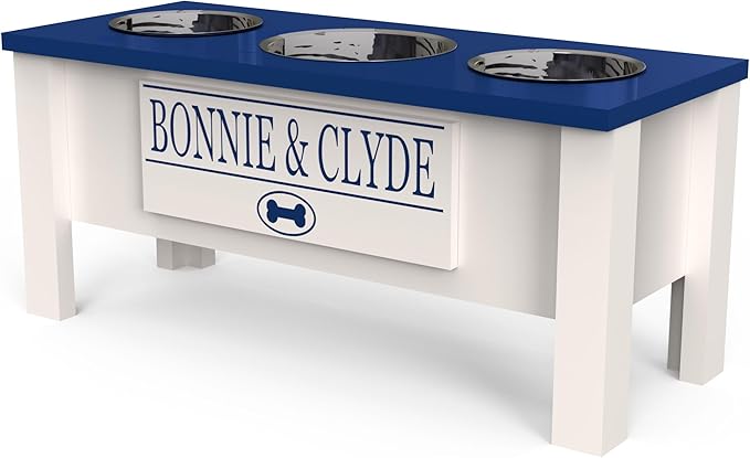 GTW Elevated 3 Bowl Dog Feeding Station - Customized Triple Stand for Large Dogs - Includes Storage & Stainless Steel Bowls (Large, Blue)
