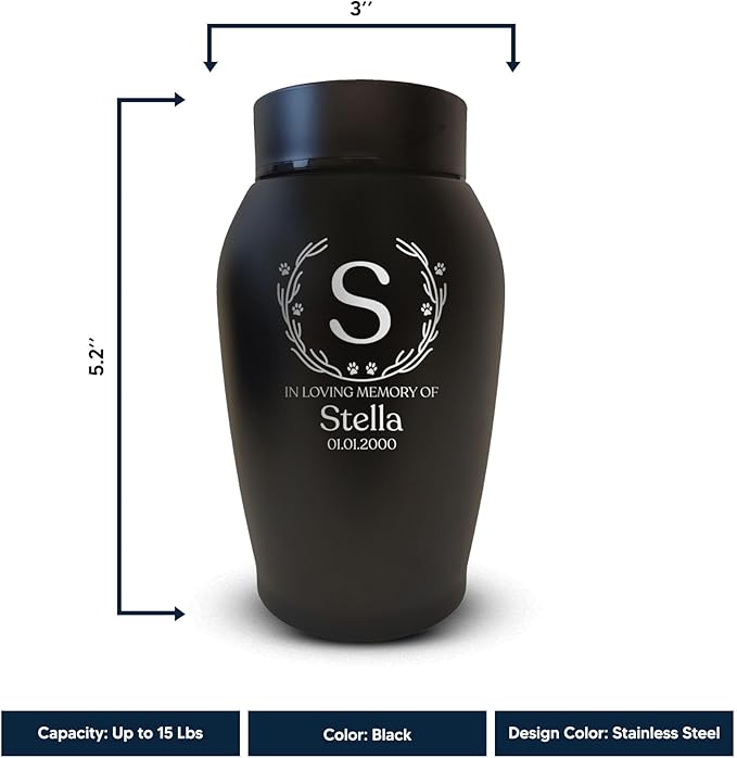 Personalized Custom Small Keepsake Urn Engraved with Pet Name, Date, and Dog Design - 5.2" Black Powder Coated Steel Cremation Urn for Dogs Ashes | 12-16 lb Capacity, Wood Branch Border