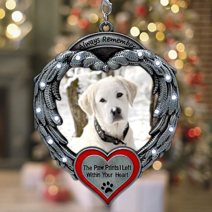 Pet Memorial Photo Ornament - Custom Picture Ornaments - Always Remember The Paw Prints I Left Within Your Heart - Angel Wings Christmas Decoration - Gift Storage Bag Included - Measures 4" H x 3" W