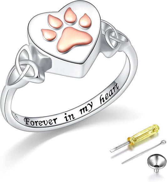 S925 Sterling Silver Heart Dog Cat Pet Urn Paw Ring for Ashes Keepsake Memorial Jewelry Cremation Print Bands Women Gift