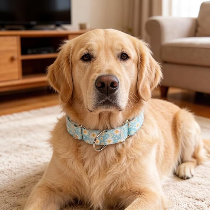Light-Blue Martingale Collars for Dogs, Daisy Print No-Slip Escape Proof Choke No Pull Soft Nylon Training Dog Collars for Small Medium Large Breed Pet Dogs, L