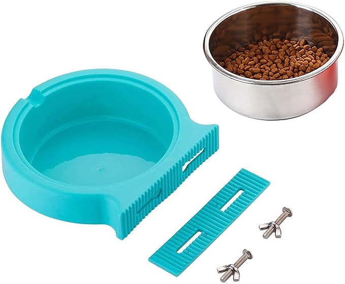 Crate Dog Cat Bowls, Removable Stainless Steel Hanging Pet Cage Bowls for Kennel, Crate Food Water Feeder Bowl with Bolt Holder for Cat, Puppy, Rabbite Birds and Other Small Animals (Small, Blue)