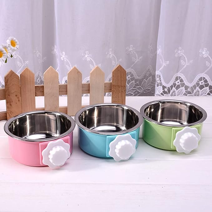 Crate Dog Bowl,Removable Stainless Steel Water Food Feeder Bowls Crate Coop Cup,Pet Cage Bowls with Bolt Holder for Cat, Puppy, Birds, Rats, Rabbits Small Animals ((Blue+Green) Round, Samll)
