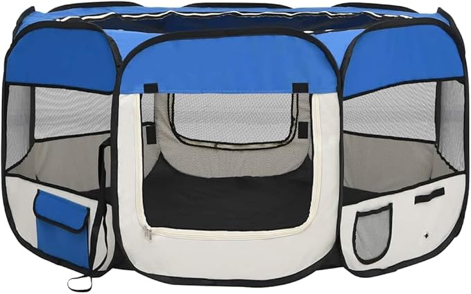 vidaXL Foldable Dog Playpen with Carrying Bag - Blue & Cream Dog Run Cage with Strong Steel Frame & Zippered Mesh Door - Ideal for Home and Travel Use