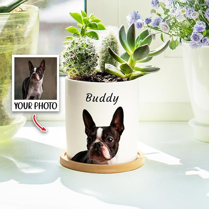 callie Personalized Pet Loss Sympathy Gifts, Custom Dog Cat Memorial Ceramic Plant Pot Planter with Photo Name, Remembrance Passing Away Gifts for Pet Lovers