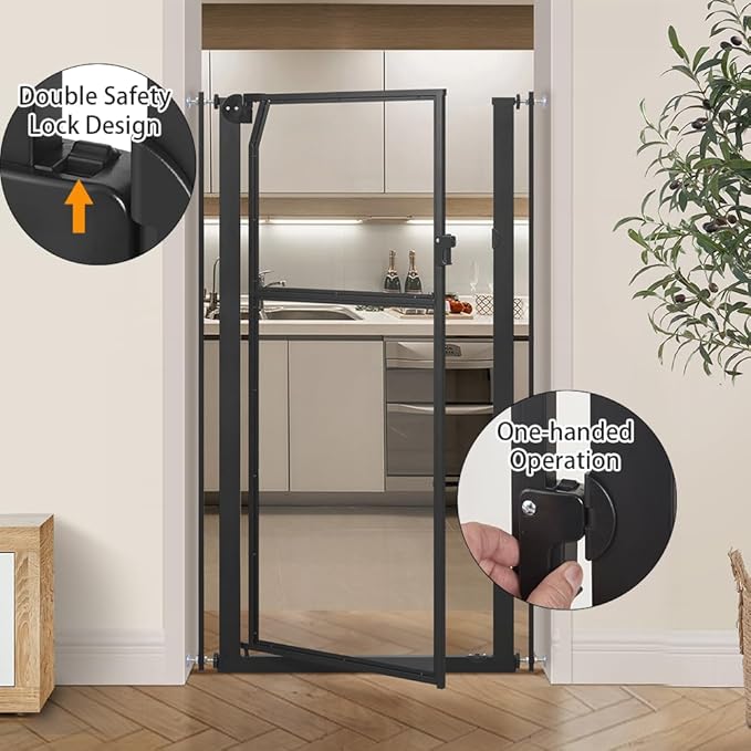 unipaws 56" Extra Tall Pet Gate, Clear Transparent Tall Cat Gate, 29.5-33.5" Wide No Drilling Pressure Mounted Dog Gate for Doorway, Hallway, Stairs, Black