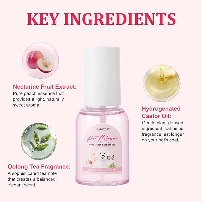 Premium Pet Cologne, White Peach & Oolong Tea Dog Perfume, Sweet Scent Long-Lasting Fragrance, Alcohol-Free Grooming Spray for Dogs and Cats, 2.37 fl oz