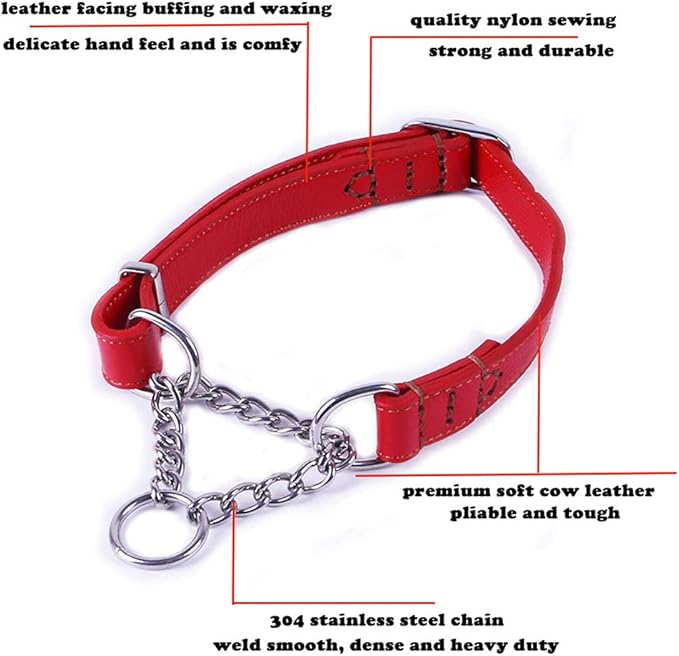 Love Dream Martingale Collars for Dogs, Leather Training Dog Collar, Stainless Steel Chain Anti-Escape No Pull Dog Collar for Medium Large Dogs (S(11.8"-16.9"), Red)