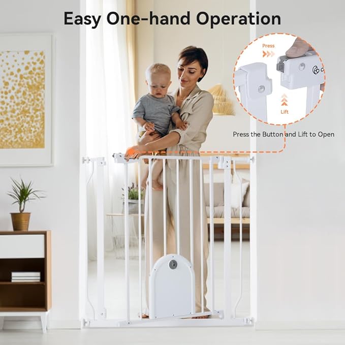 COMOMY 29.5-33.4" Baby Gate with Adjustable Cat Door,Extra Wide Metal Cat Gate for Stairs Doorways, Auto Close Dog Gate with Pet Door for House, Pressure Mounted Easy Walk Through (30" Tall, White)