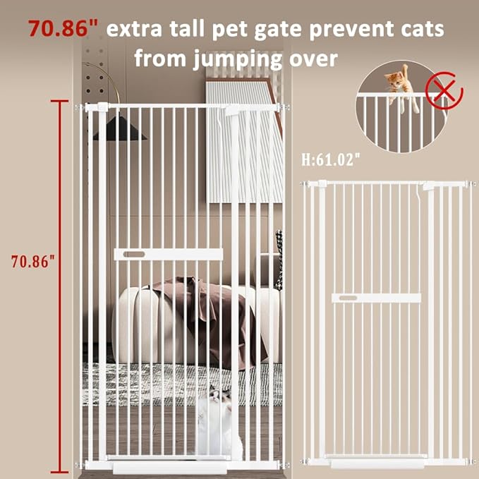 71" Extra Tall Cat Pet Gate for Doorways Indoor Proof,29.92-45.67" Wide Tall Dog Puppy Safety Baby Gate for Cat Pet,Pressure Mounted No Drill Walk Through White Metal