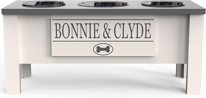 GTW Elevated 3 Bowl Dog Feeding Station - Customized Triple Stand for Large Dogs - Includes Storage & Stainless Steel Bowls (Large, Grey)