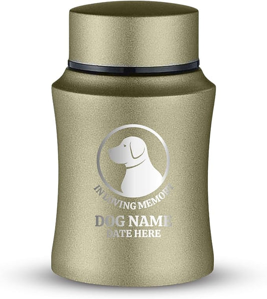 Customized Small Keepsake Urn Personalized Engraved with Pet Name, Date, and Text - 4" Powder Coated Cremation Mini Compact Urn for Dogs Ashes | 5–10 Lbs Capacity | Washed Gold, Labrador Silhouette