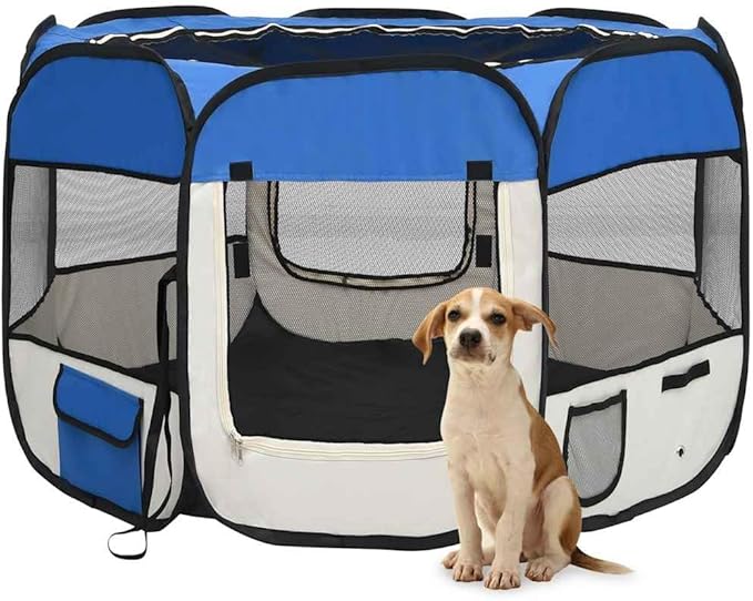 vidaXL Foldable Dog Playpen - Blue/Cream with Carrying Bag, Mesh Zipper Roof/Door, Side Pockets, Lightweight & Sturdy Steel Frame, 35.4"x35.4"x22.8"