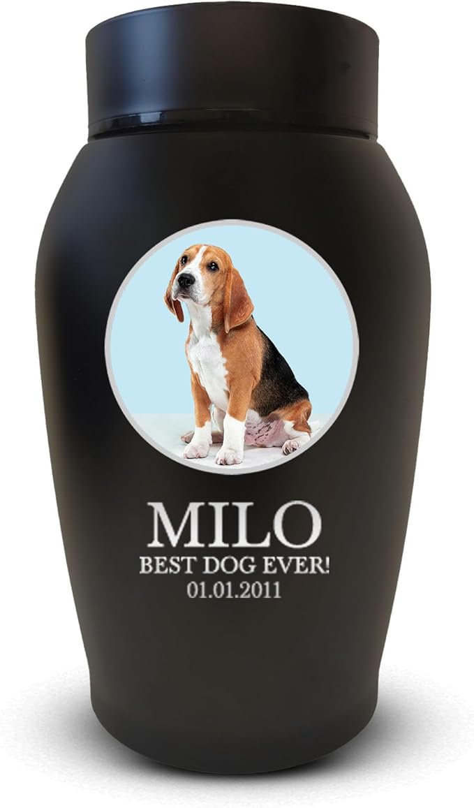 Personalized Custom Photo Dog Urn Engraved Dog Name and Date Stainless Steel Cremation Urns for Dogs Ashes with Pet Photo | Pets Up to 15 Lbs | Small 5.2" x 3" | Black