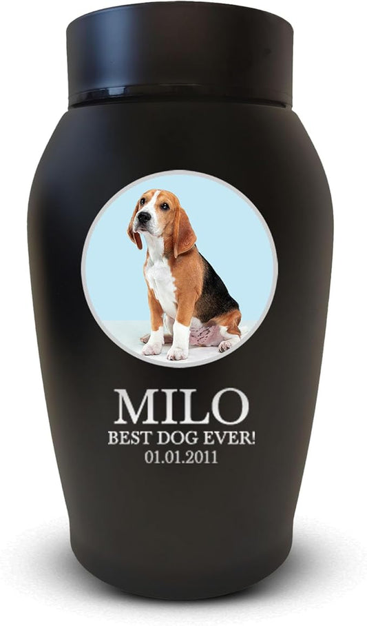 Personalized Custom Photo Dog Urn Engraved Dog Name and Date Stainless Steel Cremation Urns for Dogs Ashes with Pet Photo | Pets Up to 15 Lbs | Small 5.2" x 3" | Black