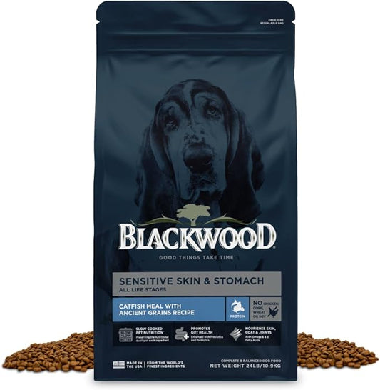 Blackwood Sensitive Skin & Stomach Dry Dog Food, Catfish Meal & Brown Rice with Ancient Grains, 24 Pound Bag with Prebiotics & Probiotics to Promote Gut Health
