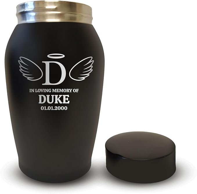 Personalized Custom Small Keepsake Urn Engraved with Pet Name, Date, and Dog Design - 5.2" Black Powder Coated Steel Cremation Urn for Dogs Ashes | 12-16 lb Capacity, Wings and Halo