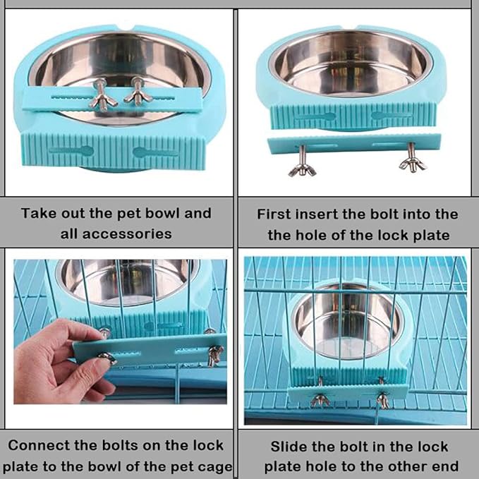 Crate Dog Cat Bowls, Removable Stainless Steel Hanging Pet Cage Bowls for Kennel, Crate Food Water Feeder Bowls with Bolt Holder for Cat, Puppy, Rabbite Birds and Other Small Animals (Large, Blue)