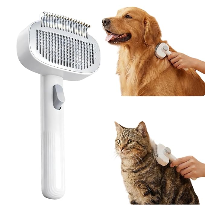 2026 New Pet Grooming Combo with Release Button, 2-in-1 Pet Self Detangling Grooming Comb with Adjustable Stainless Steel Metal Teeth, Easy to Remove Loose Undercoat Matted Fur & Tangles (1pc)
