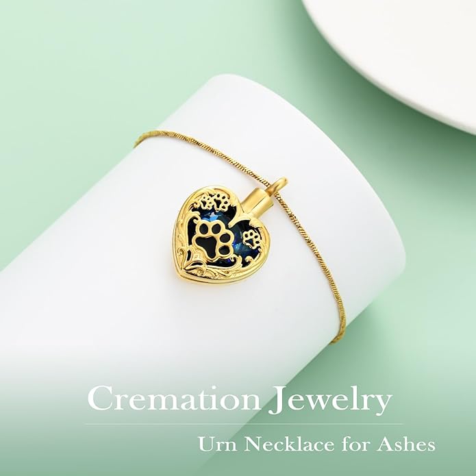 Heart Urn Necklace For Ashes Birthstone Pet Memorial Jewelry Dog Paw Print Cremation Pendant Stainless Steel Keepsake Gift For Pet Lovers