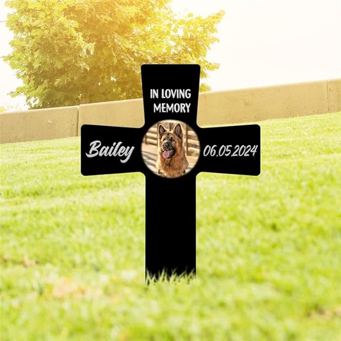AVAGifts Personalized Pet Photo Memorial Cross Metal – Forever in Our Hearts Grave Marker, Custom Name & Date Outdoor Memorial Stake, Loss of Cat Sympathy Gift, Custom Dog Grave Marker for Cemetery, Easter Gifts