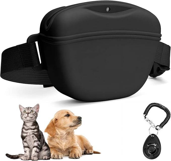 Dog Treat Pouch with Dog Training Clicker, Silicone Pet Treat Bag, Upgrade No-Spill Magnetic Closure, Hands-Free Waist Belt for Pet Training, Dog Walking & Obedience, 1.67-Cup