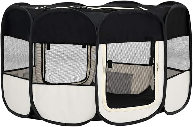 vidaXL Dog Playpen Black and Cream Polyester Foldable Dog Playpen