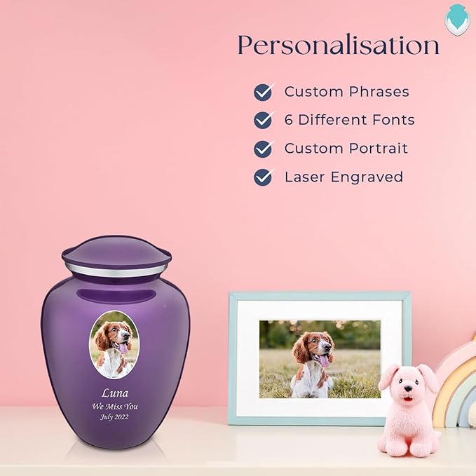 Geturns Embrace Personalized Picture Urn for Small Pets I Purple Photo Cremation Urns for Dogs and Cats I 44 lbs