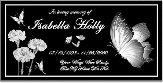 Personalized Memorial Stone, Butterfly Memorial Plaque, Headstone for Graves, Grave Markers for Cemetery for Humens, Tombstone Grave Outdoors, Black Granite Headstone, Grave Decorations for Cemetery
