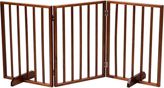 BONNLO Free Standing Dog Gate Indoor, Foldable Pet Gate for Dogs and Puppy, 24" Height Wooden Dog Gates for Doorways Extra Wide/Stairs/Hallways (Brown, 3 Panel)