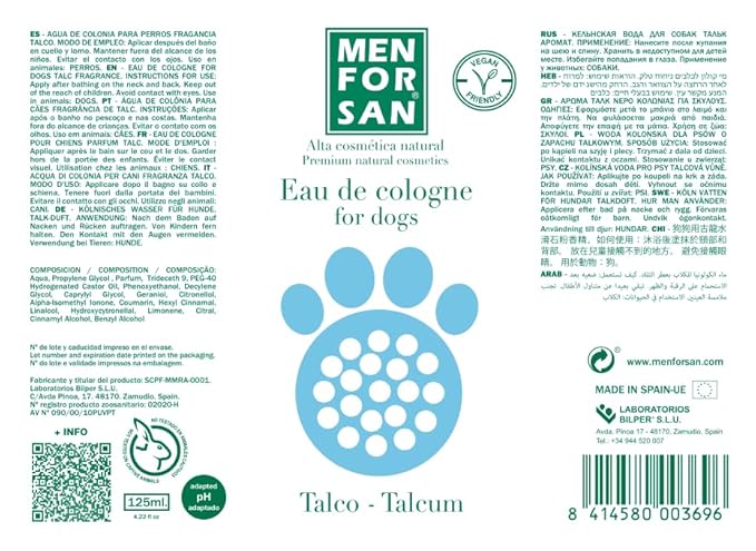 MENFORSAN Eau de Cologne Talcum for dogs 100% Natural, Vegan-Friendly, Alcohol Free