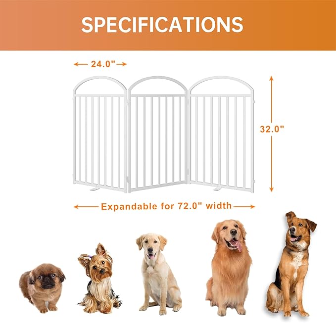 3 Panles Full Matel Freestanding Dog Gates, 72" Extra Wide 32" Tall Free Standing Dog Pet Gate for Indoor & Outdoor. Foldable Pet Fences for Doorways, House, Stairs, Porch, Deck, Yard