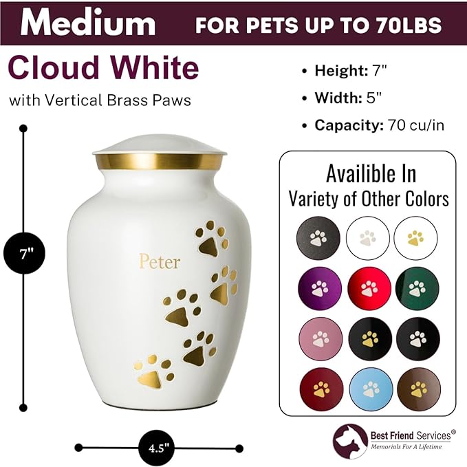 Ottillie Paws Premier Series Pet Urn for Dogs with Personalized Laser Engraving (Medium - Pets up to 65 lbs, Cloud White with Vertical Brass Paws)