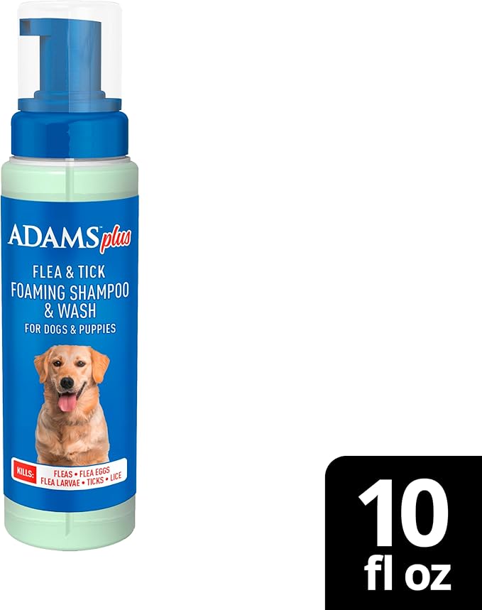 ADAMS Plus Flea & Tick Foaming Shampoo & Wash for Dogs & Puppies, Flea Shampoo to Treat Flea Infestations, Kills Ticks, Fleas, Flea Eggs & Lice, Cleans and Conditions Coat, 10 Ounces