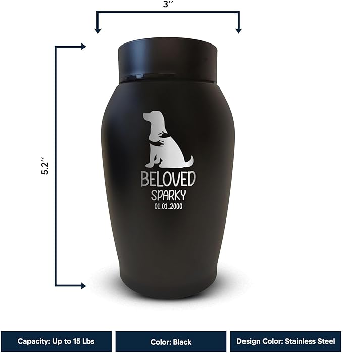 Personalized Custom Small Keepsake Urn Engraved with Pet Name, Date, and Dog Design - 5.2" Black Powder Coated Steel Cremation Urn for Dogs Ashes | 12-16 lb Capacity, Embrace