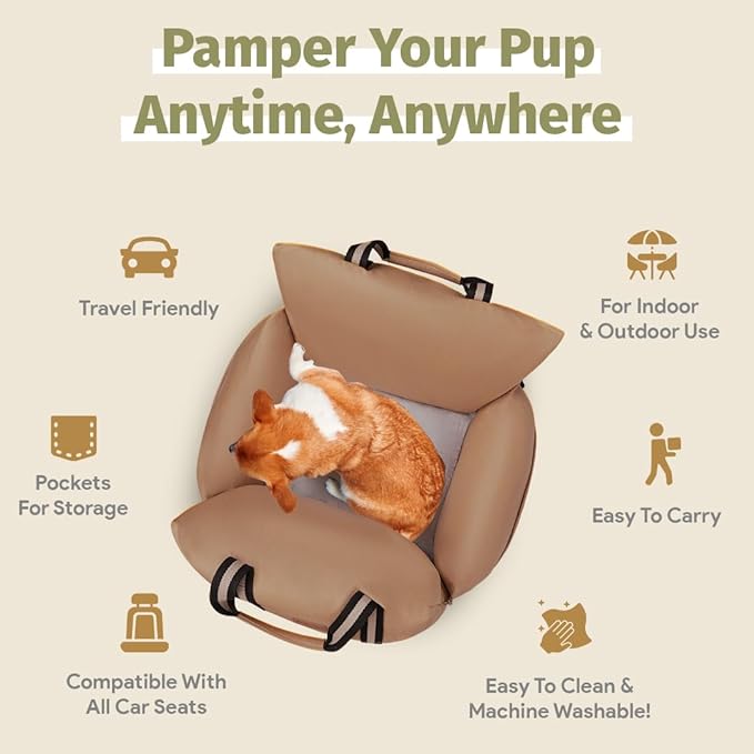 Car Seat | Waterproof Dog Booster for Car | Easy-to-Carry Dog Bed Up to 30 Lbs with Handles & Storage (Mocha)