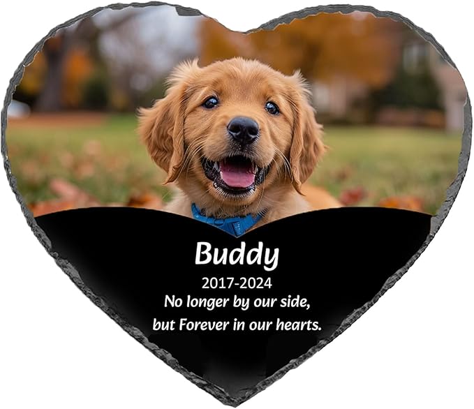 Custom Dog Memorial Stone with Photo & Name – Personalized Pet Headstone, Paw Print Keepsake Gift for Dog Loss, Outdoor Garden Slate Plaque (Heart-Shaped)