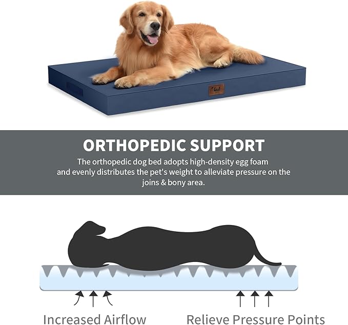 Outdoor Large Washable Dog Bed, Orthopedic Egg Crate Foam Dog Crate Mat for Large Dogs with Removable Oxford Cooling Cover, Navy