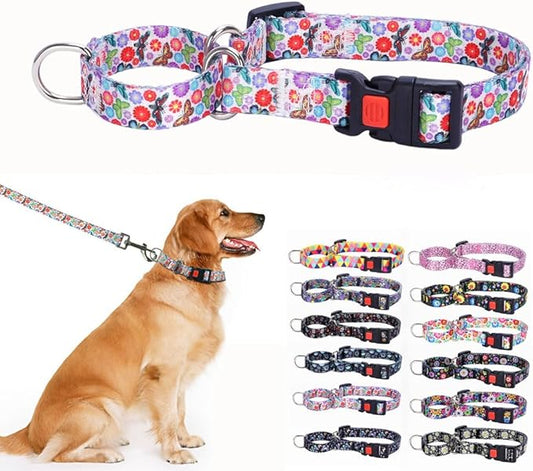 Slip Collar for Dogs, No Pull Escape Proof Limited Choker Pinch Pet Martingale Collars Quick Release Buckle with Lock for Small Medium Large Breed Dogs, Butterfly Flower L
