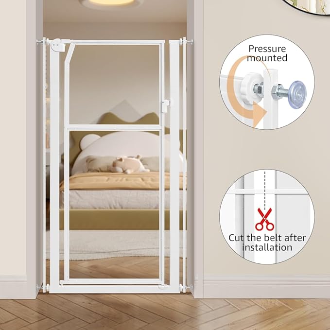 unipaws 56" Extra Tall Pet Gate, Clear Transparent Tall Cat Gate, 29.5-33.5" Wide No Drilling Pressure Mounted Dog Gate for Doorway, Hallway, Stairs, White