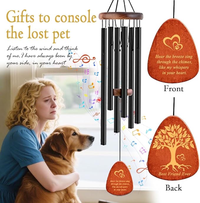 Dog Memorial Gifts Wind Chimes, Pet Loss Sympathy Gift, 25.5'' Dog Cat Passing Away Remembrance Wind Chime with Rainbow Bridge Poem Card, Black